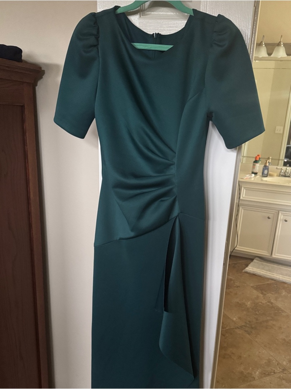 Xscape Emerald Green Long Sleeve Draped Midi Dress